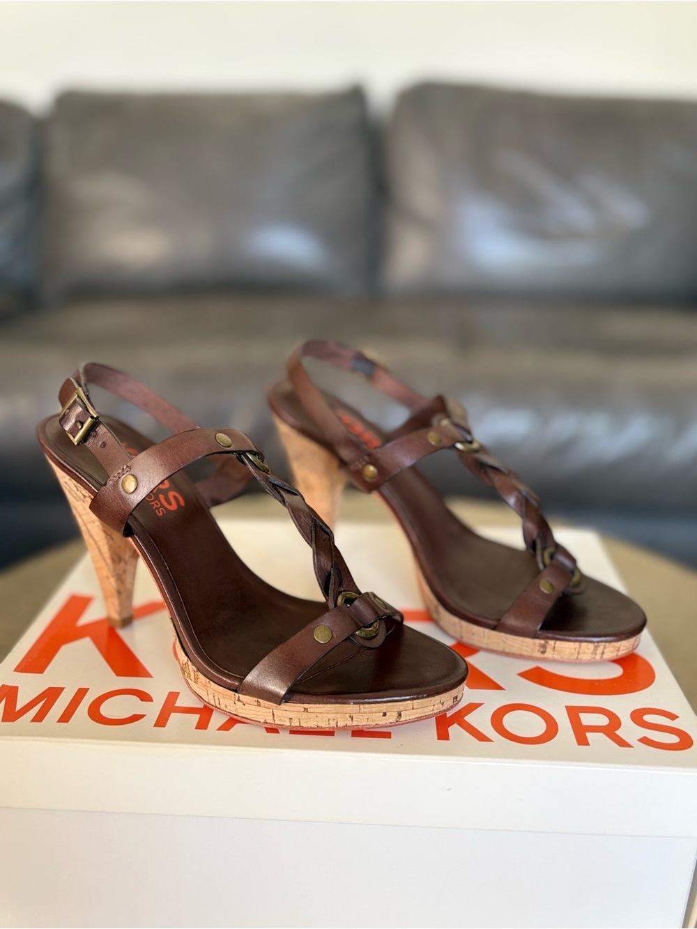 Michael Kors Doheny Brown Leather Cork Heel Sandals Size 6 | Y2K Boho Chic | NIB